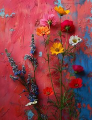 different colored flowers vase red blue background wall cosmos magazine destroyed nature long brush strokes color