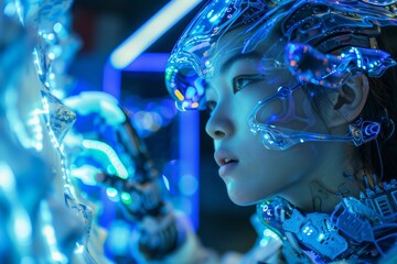 face of female humanoid android Artificial Intelligence mechanical robot be creative Have an understanding of orders It has the most advanced operating system Robot innovations of the future blue tone - obrazy, fototapety, plakaty