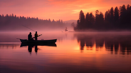 Serene Dawn Fishing: An Angler Relishing Tranquility amidst Nature's Splendor - obrazy, fototapety, plakaty
