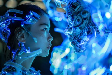 face of female humanoid android Artificial Intelligence mechanical robot be creative Have an understanding of orders It has the most advanced operating system Robot innovations of the future blue tone - obrazy, fototapety, plakaty