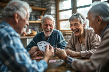 Group of happy senior people laughing while playing cards together at home