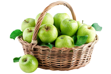 green apples in basket isolated PNG