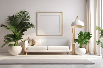 3D empty mockup frame set within a contemporary interior design. A chic white lounge space featuring a modern floor lamp, lush potted palm and blank frame