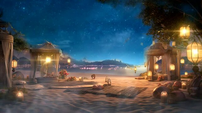 a serene wallpaper with a beachfront campsite adorned with lanterns. seamless looping time-lapse virtual 4k video animation background	