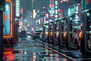 cityscape from a not-so-distant future, where the glow of electric cars and their charging stations illuminate the wet streets, creating a mesmerizing reflection