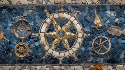 Fototapeta na wymiar Coastal nautical office, circular marble mosaic with maritime symbols. Background Nautical blue.