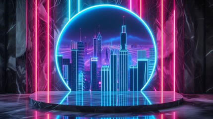 Cyberpunk office, circular marble mosaic with a futuristic neon city design. Background Neon cityscape.