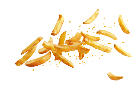 Flying delicious potato fries isolated on white background PNG