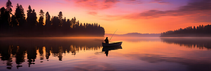 Serene Dawn Fishing: An Angler Relishing Tranquility amidst Nature's Splendor - obrazy, fototapety, plakaty