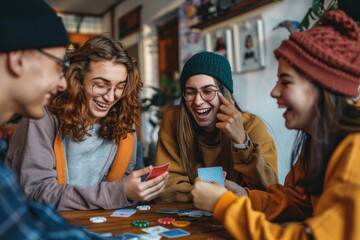 Group of happy young people laughing while playing cards together at home
