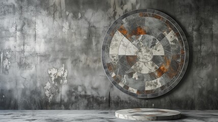 Industrial chic office conference room, circular marble mosaic on a concrete wall. Background Urban...