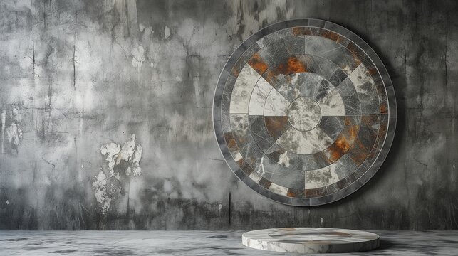 Industrial chic office conference room, circular marble mosaic on a concrete wall. Background Urban grunge.