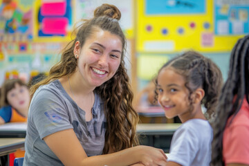 Happy teacher assisting her elementary student in classroom