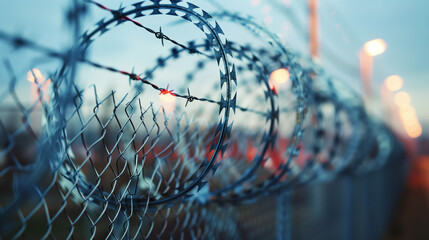 Barbed wire and barbed wire fence to prevent intruders for anti-refugee group entering wall. - obrazy, fototapety, plakaty