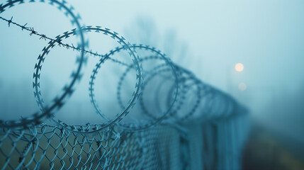 Barbed wire and barbed wire fence to prevent intruders for anti-refugee group entering wall. - obrazy, fototapety, plakaty