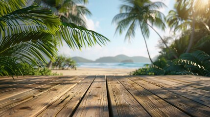 Empty wooden planks with blur beach on background, can be used for product placement, palm leaves on foreground - obrazy, fototapety, plakaty