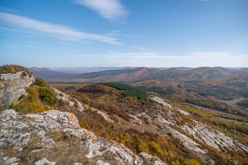 The autumn landscape of the mountain valley is an amazing, beautiful place at any time of the year. Hiking. Nature