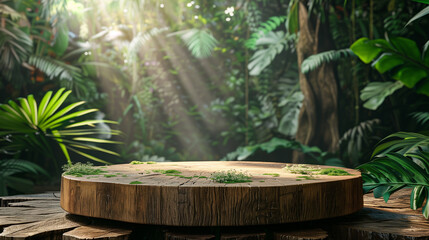 Wooden podium in tropical forest style for product presentation and green background.