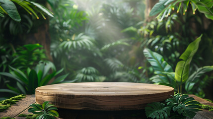 Wooden podium in tropical forest style for product presentation and green background.