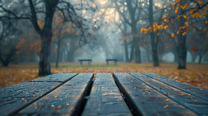 Naklejka na ściany i meble Wooden table on the background of the evening foggy park