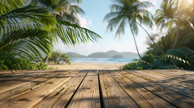 Empty wooden planks with blur beach on background, can be used for product placement, palm leaves on foreground