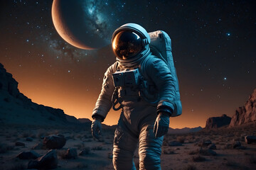 An astronaut walking on a rough planet at night