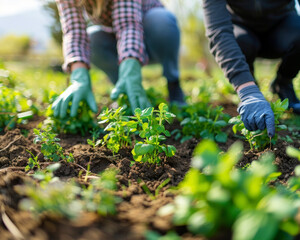 Naklejka premium Community gardening in a green urban park highlighting the bond between people and the environment