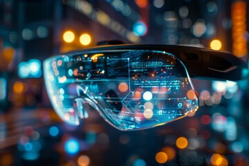 augmented reality glasses projecting A 3D digital  with exposed gears, representing the future of technology and global communication for different settings digital Lolographic glasses