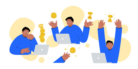  Illustration set of a flat-style man investing the money. Financial vector artwork to passive income. Vector business illustration, men in blue sweaters with laptops.