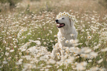 Daisies white dog Maremma Sheepdog in a wreath of daisies sits on a green lawn with wild flowers daisies, walks a pet. Cute photo with a dog in a wreath of daisies. - obrazy, fototapety, plakaty