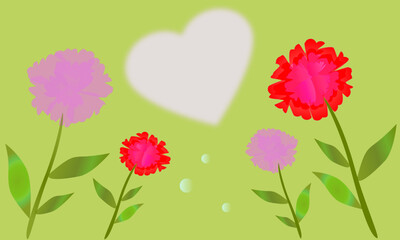 With a green background, there are pink and red carnations with light and dark colors beside a love shape and under the love are some water drops 