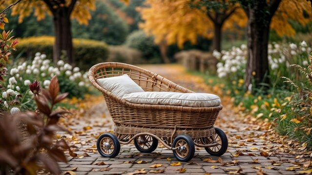 A wicker stroller with wheels and a pillow sits on a brick path 