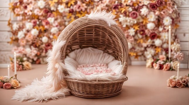 Newborn digital backdrop, a basket with a canopy sits in front of a floral wall.