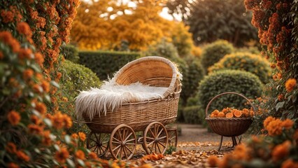 A wicker carriage sits in a garden, surrounded by orange flowers  - obrazy, fototapety, plakaty