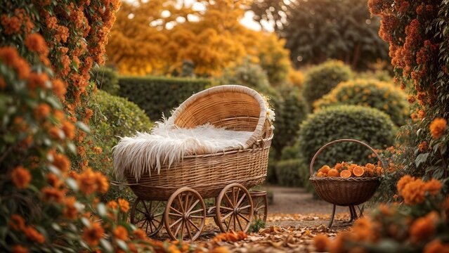A wicker carriage sits in a garden, surrounded by orange flowers 