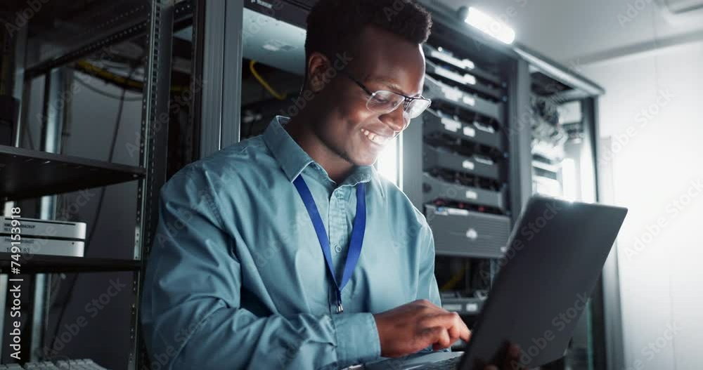 Wall mural Happy man, technician and laptop in server room for database update, cyber security or code. Computer, smile and African engineer in data center for information technology, typing and programming