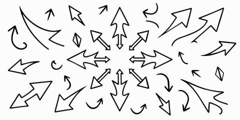 Set of black hand drawn arrows isolated on white. Vector illustration. Arrows, arrow set
