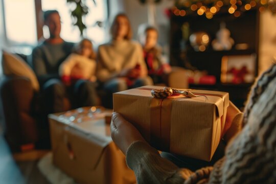 A blurry image of a person unwrapping a fake gift box with a spring snake popping out, in a living room with family watching, 