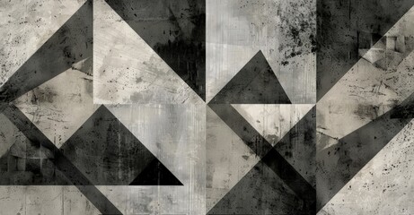 A black and white abstract painting featuring geometric triangles arranged in a dynamic composition. The contrast between light and dark enhances the sharp angles and movement within the artwork.