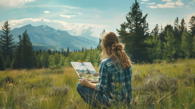 A young woman painting a landscape in a meadow