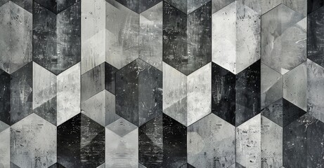A wall decorated with a pattern of hexagonal shapes in black and white, creating a visually striking design.