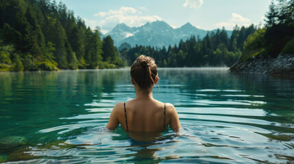 A young woman swimming in a lake