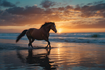 A brown horse at beach at sunset