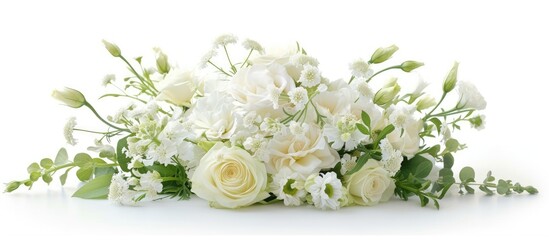 A bouquet of white flowers stands out against a clean white background. The flowers are neatly arranged, with delicate petals and green stems adding elegance to the composition.