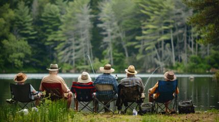 A group of senior citizens fishing in a lake - obrazy, fototapety, plakaty