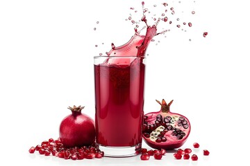 A glass of pomegranate juice with fresh pomegranate beside it. This drink is full of vitamins and minerals, promoting good health