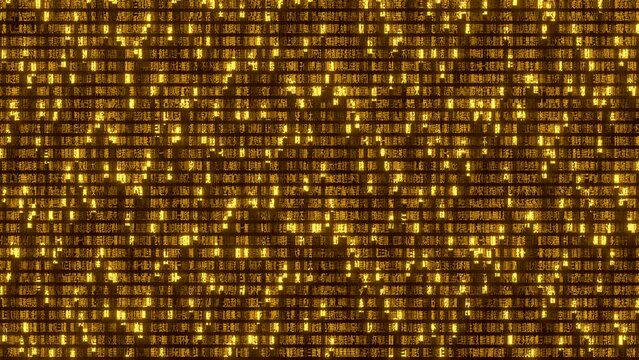 The "Heart Sutra" (popular buddism canonical scripture) 276 characters golden text motion graphics as 3d modeling matrix seamless loop falling rain animation. Form is emptiness, emptiness is form.