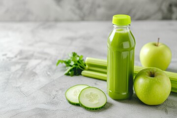 mockup bottle smoothie with apple, cucumber and celery near placed on a marble kitchen table, minimalism, copy space. Concept healthy food. Template for your design, space for packaging.