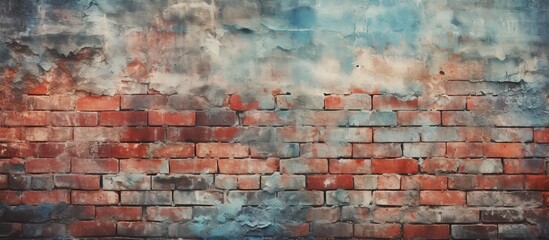 A red brick wall is prominently featured in the image, with blue and white paint splattered across its surface. The colors create a captivating contrast against the rough texture of the vintage