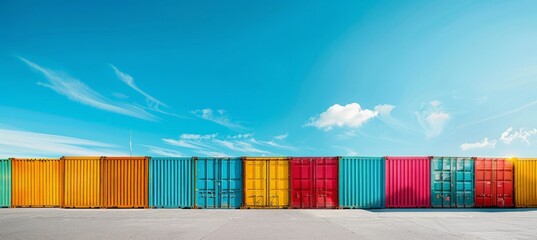 A row of vibrant shipping containers is lined up neatly in a vast parking lot, showcasing a variety of colors and sizes under a clear sky.